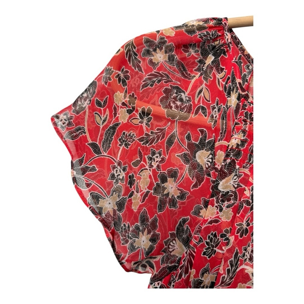 Parker Red Black Silk Floral V Neck Dress Mini Smocked Waist Ruffled Mini Dress - Picture 7 of 15